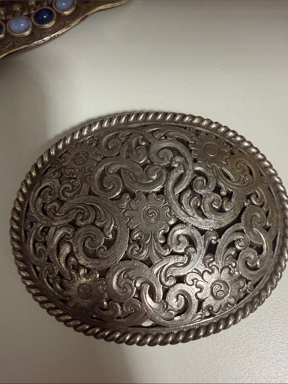 Vintage Ornate Silver Toned Oval Belt Buckle